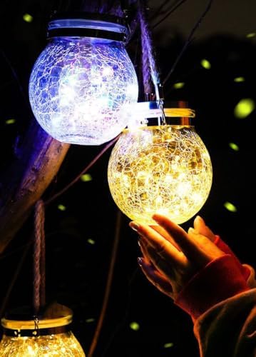 Solar Hanging Mason Jar Lights - Cracked Glass 30 LED Fairy Firefly Lantern String Lights, Outdoor Waterproof Patio Porch Garden Yard Balcony Lawn Wall Lighting Decor - Image 5