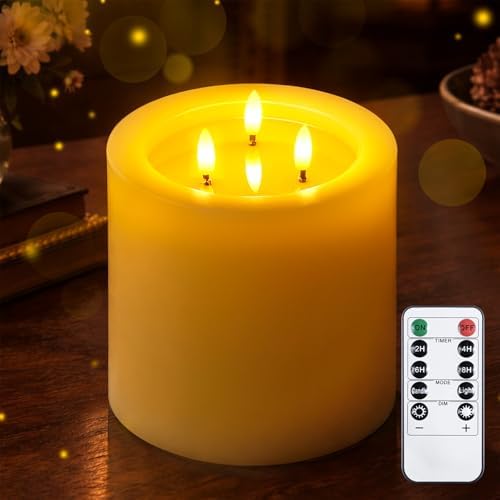 Yeelida 3-Wick 6"x6" Extra Large Real Wax Flameless Pillar Candles with Remote Control and Timer Function, Candle Grease Ivory Battery Operated LED Flickering 3D-Wick (Long Lasting, Warm Fire) by Yeelida
