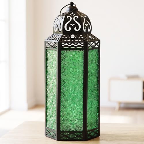 Vela Lanterns Decorative Indoor Candle Holder Table Centerpieces - Moroccan Hanging Outdoor Patio & Porch Home Decor, Turkish Floor Lamp for Wedding, Ramadan (Extra Large 16", Green Glass) by VelaCandleLanterns
