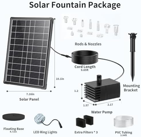 Antfraer 8W Solar Fountain Pump Built-in 3600mAh Battery & LED Lights, Solar Powered Water Pump with Double-Layer Nozzle & 5ft Tubing, Solar Water Fountain For Bird Bath Pond Garden DIY Water Features - Image 7