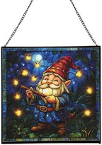 Firefly Song Gnome Stained Glass Suncatcher – Square Hanging Window Panel for Home or Greenhouse – Whimsical Glass Art Gift for Garden Lovers, Christmas, Halloween, Father Days tuXz8P by Custom