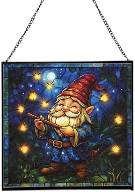 Firefly Song Gnome Stained Glass Suncatcher – Square Hanging Window Panel for Home or Greenhouse – Whimsical Glass Art Gift for Garden Lovers, Christmas, Halloween, Father Days tuXz8P by Custom
