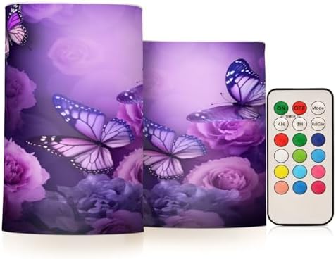 YETTASBIN Purple Butterfly Flameless Candles with Remote Control and Timer, Adjustable Brightness Long Lasting Battery Operated LED Pillar Candles for Indoor Outdoor Party Home Decor, 2 Pack by Unknown
