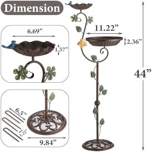 Metal Bird Baths for Outdoors, 44" Height Cast Iron Pedestal Bird Bath and Feeder, Vintage Sturdy Heavy Duty Birdbath Bowl, Tall Floral Accents Birdbaths for Garden Yard Patio Porch Decor - Image 3