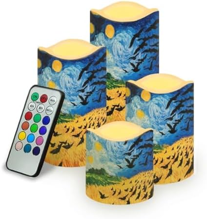 Wheatfield with Crows Flameless Candles with Dancing Flame Effect Waterproof Outdoor Pillar Lights Battery Operated Candle with Remote for Bedroom Bookshelf Fireplace Decor 4 Pack by YUVAMAGIMO