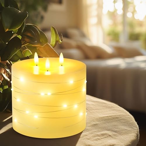 Amagic 3 Wick Extra Large Flameless Candles with Timer Remote, String Light - Image 5