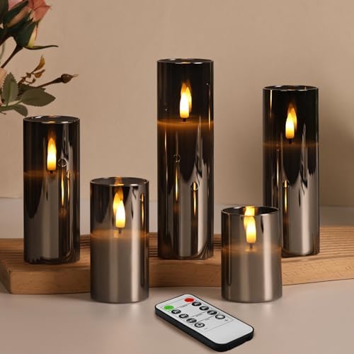 Eywamage Grey Glass Flameless Pillar Candles with Remote Batteries Set of 5 by EywamageCandles