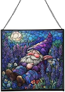 Lavender Rest Gnome Stained Glass Suncatcher – Square Hanging Window Panel for Home or Greenhouse – Whimsical Glass Art Gift for Garden Lovers, Christmas, Halloween, Father Days N6a1Iu by Custom