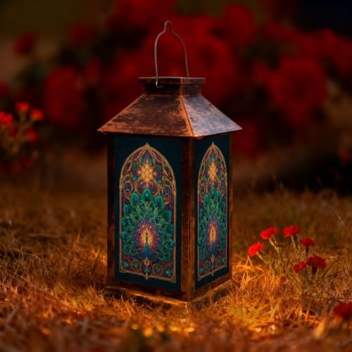 Solar Lantern Stained Glass Peacock Mandala Outdoor Waterproof Garden Hanging Lantern Solar Powered Lighting Outside Solar Light for Patio Yard Camping, Gifts for Women Mom by Unknown