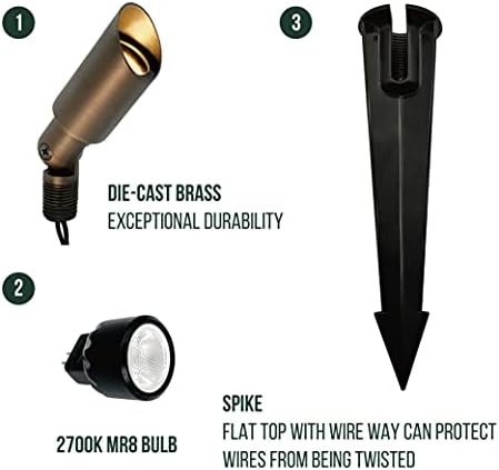GKOLED Mini Size Brass Landscape Spotlight, Low Voltage 12V AC/DC Outdoor Directional Up Light, 180 LM, 3W MR8 LED Bulb ABS Ground Stake, 2700K Garden Patio Trees Spot Uplight (Pack of 10) - Image 6