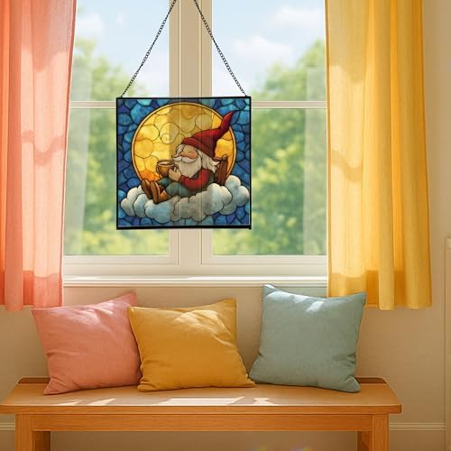 Cocoa by Moonlight Gnome Stained Glass Suncatcher – Square Hanging Window Panel for Home or Greenhouse – Whimsical Glass Art Gift for Garden Lovers, Christmas, Halloween, Father Days oK2gHR - Image 5