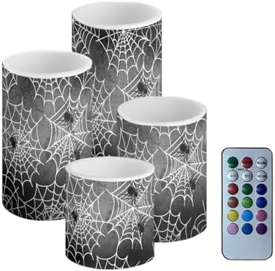 Halloween Flameless Candles 4Pcs Battery Operated LED Candles with Timer Remote Spider Web Plastic Pillar Lights for Home Trick or Treat Party Decorations by Merkmak