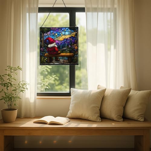 Gnome Stargazer Bench Stained Glass Suncatcher – Square Hanging Window Panel for Home or Greenhouse – Whimsical Glass Art Gift for Garden Lovers, Christmas, Halloween, Father Days RnUNeB - Image 7