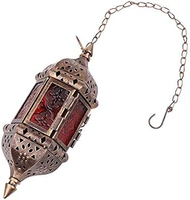 2 Pcs Hanging Hexagon Decorative Moroccan Candle Lantern Holders, Handmade Hanging Tea Light Holder in Bronze Metal & Red & Purple Glass Gift & Decor Items - Image 4