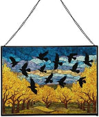 Crows Flying Over Autumn Orchard Rectangular Stained Glass Suncatcher – Hanging Window Panel with Animal & Nature Scene – Vibrant Glass Art Gift for Wildlife, Fantasy, Nature Lovers n5K17Y by Custom