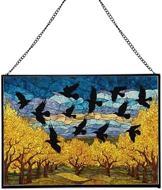 Crows Flying Over Autumn Orchard Rectangular Stained Glass Suncatcher – Hanging Window Panel with Animal & Nature Scene – Vibrant Glass Art Gift for Wildlife, Fantasy, Nature Lovers n5K17Y by Custom
