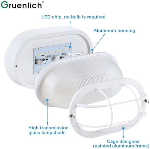 GRUENLICH LED Bulkhead Light, 8.5" Oval Aluminum, 3000K, White, 2 Pack - Image 3