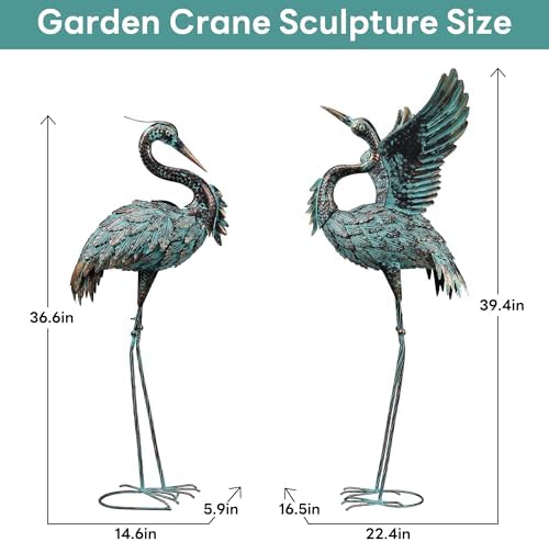 Large Garden Statues Set of 2, Metal Crane Sculptures, Bronze Heron Outdoor - Image 2