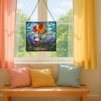 Gnome with Lantern Balloons Stained Glass Suncatcher – Square Hanging Window Panel for Home or Greenhouse – Whimsical Glass Art Gift for Garden Lovers, Christmas, Halloween, Father Days smlKhE - Image 5