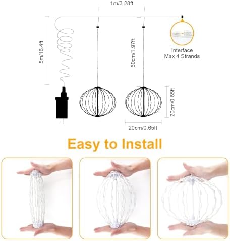 led String Lights Outdoor, 2 Pack, 8in Globe,162 LEDs Expandable Hanging Ball Lights with 8 Modes,Timer,IP65 Waterproof Connectable for Porch, Yard,Roof Indoor Home Decor Warm White - Image 2