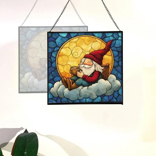 Cocoa by Moonlight Gnome Stained Glass Suncatcher – Square Hanging Window Panel for Home or Greenhouse – Whimsical Glass Art Gift for Garden Lovers, Christmas, Halloween, Father Days oK2gHR - Image 4