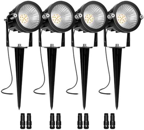 Low Voltage Landscape Lights, 10W 12/24V 2700K Warm White Landscape Lighting, IP65 Waterproof Outdoor LED Spotlight for Garden Yard Tree, 4 Pack with Connectors by REEGOLD