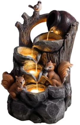 Squirrel Outdoor Water Fountain with LED Lights Cascading Resin Tree Stump Waterfall Garden Decor for Patio Yard Porch by Unknown
