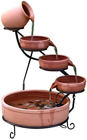 ASC Cascade Ceramic Solar Water Fountain Bowls 5 Tierd with Panel Pump Cascading Garden Decoration Bird Iron Frame by ASC