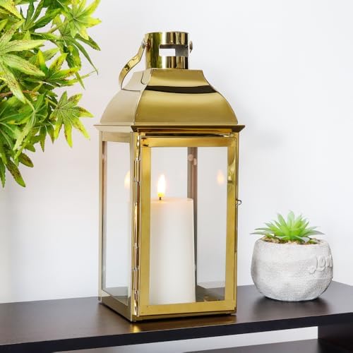 JHY DESIGN 15" H Stainless Steel Decorative Candle Lanterns with Tempered Glass Vintage Elegance for Indoor Outdoor Events Parties and Weddings(Gold) - Image 5