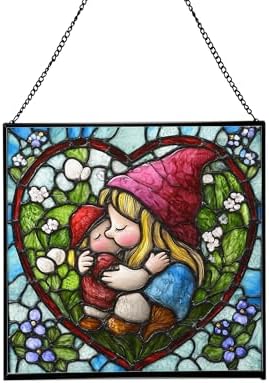 Gnome Hugging Child Stained Glass Suncatcher – Square Hanging Window Panel for Home, Garden, Nursery, Halloween, Christmas, Memorial Day – Whimsical Glass Art Gift for Gnome Lovers bfeiwm by Custom