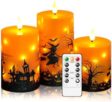 kakoya Flickering Flameless Candles with Remote,3 Pcs Real Wax LED Pillar Candles Battery Operate with Embedded Star String for Creation of Horror Atmosphere Halloween Decoration Gifts(Orange) by FLAMELESSCANDLES