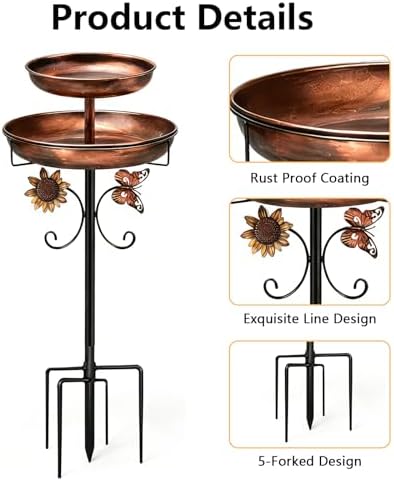2 in1Bird Bath for Outside,45" Bird Feeder Stand for Outside,Metal Bird Bath with 5-Pronged Base for Garden Patio Yard Lawn Decor (Antique Bronze) - Image 3