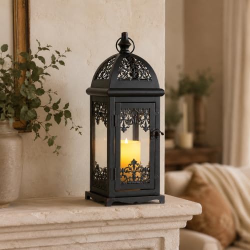JHY DESIGN 15" High Decorative Candle Lantern Metal Candle Holder Vintage Hanging Lantern with Tempered Glass for Indoor Outdoor Home Living Room Wedding Party Patio Porch Decor (Black with Red Brush) - Image 5