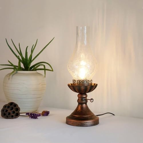 Vintage American Village Style Desk Light Industiral Table Llight with Glass Lampshade Old Style Kerosene Lamp Table Lamp Wrought Iron Metal Farmhouse Nightstand Lamps(Clear) - Image 5