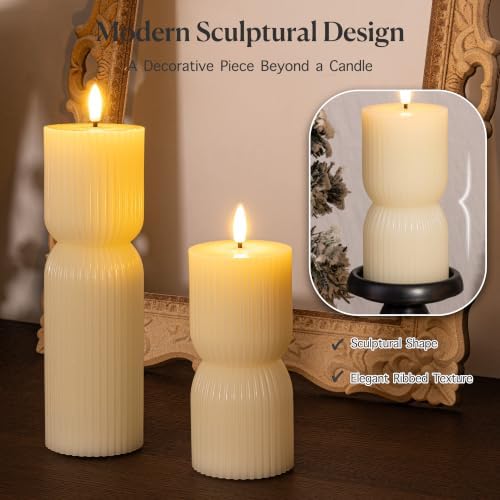 Flameless Candles with Remote Timer, Set of 2 Ivory Ribbed Pillar Candles - Image 2