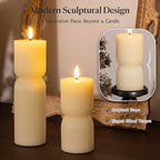 Flameless Candles with Remote Timer, Set of 2 Ivory Ribbed Pillar Candles - Image 2