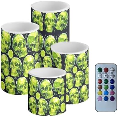 Battery Operated Candles with Timer 4 Pack Green Skull Lemon Flameless LED Candles Bulk with Remote for Home Decoration Electric Plastic Pillar Lights by Merkmak