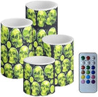 Battery Operated Candles with Timer 4 Pack Green Skull Lemon Flameless LED Candles Bulk with Remote for Home Decoration Electric Plastic Pillar Lights by Merkmak