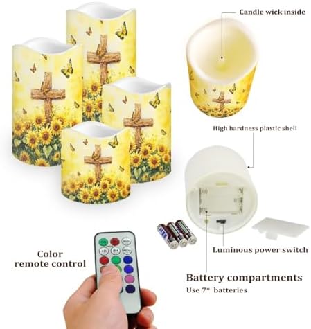 LED Flameless Candles with Remote Set of 4 Sunflower Cross Battery Operated Pillar Candles with Timer Color Changing Electric Candles for Wedding Table Festival Decorations - Image 3