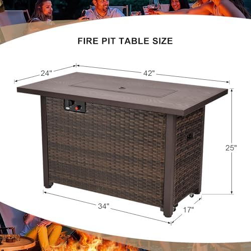 42" Propane Fire Pit, Outdoor Wicker Fire Pit Tables Rectangular Tabletop with Blue Glass Stones, 50000 BTU w/CSA-Certified and Tables for Outside Patio, Backard (Brown) - Image 3