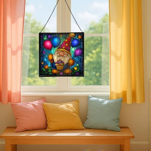 Birthday Balloon Gnome Stained Glass Suncatcher – Square Hanging Window Panel for Home or Greenhouse – Whimsical Glass Art Gift for Garden Lovers, Christmas, Halloween, Father Days 62hJGZ - Image 5