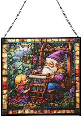 Gnome Weaving Stained Glass Suncatcher – Square Hanging Window Panel for Home, Garden, Nursery, Halloween, Christmas, Memorial Day – Whimsical Glass Art Gift for Gnome Lovers mv4mkm by Custom