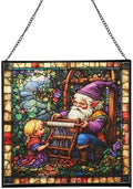 Gnome Weaving Stained Glass Suncatcher – Square Hanging Window Panel for Home, Garden, Nursery, Halloween, Christmas, Memorial Day – Whimsical Glass Art Gift for Gnome Lovers mv4mkm by Custom