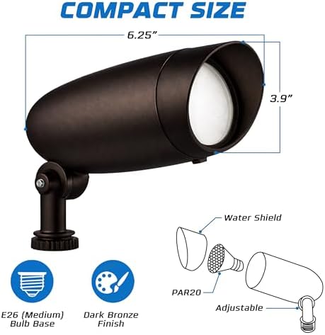 OHLECTRIC One-Light Halogen Landscape Floodlight (2-Pack) Wet Rated Outdoor Light Fixture for Garden Yard Pathway Durable Weatherproof Die-Cast Metal Housing. 50W 120v 6.25 Inches, PAR20 (Dark Bronze) - Image 3