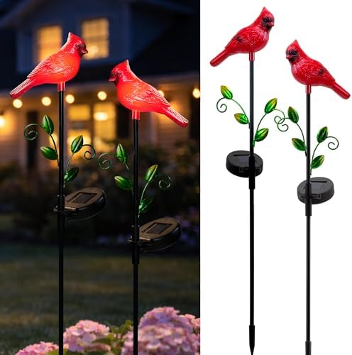 2 Pack Cardinal Garden Decor Red Bird Figurine Solar Lights Garden Stakes Decorative, Cardinal Outdoor Decor for Yard Patio Porch Lawn Ornaments Christmas Memorial Gifts Cemetery Decorations by ELFENGARDEN