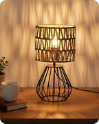 Rattan Table Lamp, Boho Table Lamp, Small Bedside Lamp, Handwoven Paper Lampshade, 2700K LED Bulb Included, Boho Desk Lamp, Modern Nightstand Lamp for Bedroom, Living Room, HW06TL05 by GOEBLESON