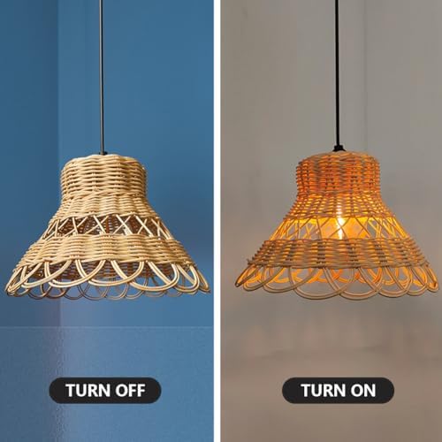 Hand-Woven Boho Rattan Pendant Light Battery Operated Bohemian Woven Outdoor Chandelier with Button Waterproof Lanterns Hanging Lighting Fixture for Gazebo Patio Yard Porch Farmhouse - Image 5