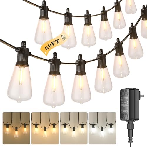 Kawaya Outdoor String Lights for Patio - ST38 Outside IP65 Waterproof Hanging Light with 2700k~6000k Dimmable - 50FT Led Edison Lights for Cafe Bistro Yard Gazebo Porch by KAWAYA