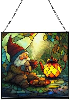 Gnome Tea Time Stained Glass Suncatcher – Square Hanging Window Panel for Home or Greenhouse – Whimsical Glass Art Gift for Garden Lovers, Christmas, Halloween, Father Days F4WpeI by Custom