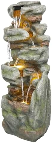Alpine Corporation 39" Tall Outdoor Mult-itiered Elegant Rock Look Waterfalls Floor Fountain with LED Lights, Gray by Unknown